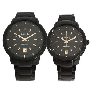 Canody 質感條紋藍水晶時尚對錶/黑 (CMB5642-3A+CLB5642-3A)