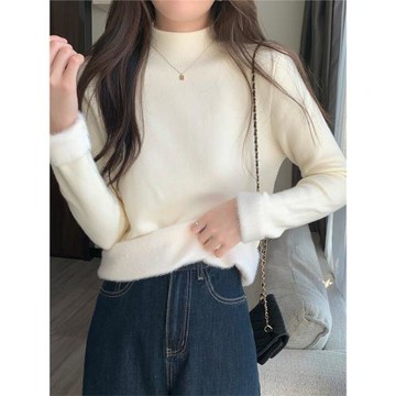 溫柔燕麥色長袖半高領加絨加厚修身毛衣打底衫女春秋冬季保暖內搭