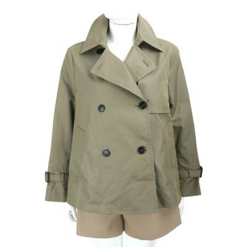 Max Mara-WEEKEND WKDBIGLIA 雙排釦 喇叭下擺 防潑水 深綠棉混紡短版風衣 外套