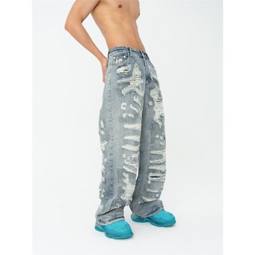 破洞CLP前后磨邊刮爛雙層牛仔褲