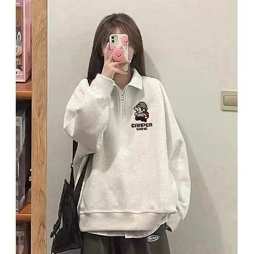 春秋衛衣 學院風上衣 大學t 衛衣女 polo領衛衣女 女裝 寬鬆百搭上衣 美式設計感上衣 拉鍊外套上衣