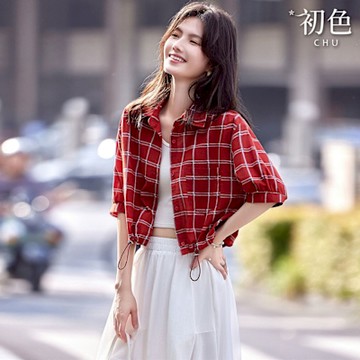 初色 日系輕熟風撞色格紋休閒翻領五分袖短版束繩襯衫上衣女上衣-紅格紋-11488(M-2XL可選)