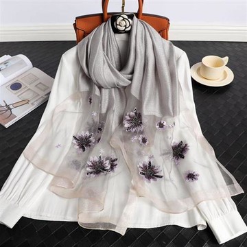 【巴黎精品】真絲絲巾羊毛圍巾-薄透刺繡紗巾桑蠶絲女配件11色a1gt30