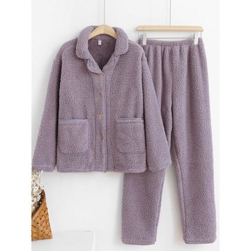 情侶羊羔絨睡衣女冬季男士家居服套裝長袖加絨加厚款珊瑚絨可外穿