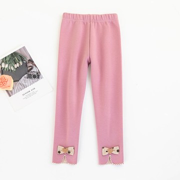 FANMOU - 腰鬆緊薄抓絨內搭褲-燈芯絨蝴蝶結-粉色