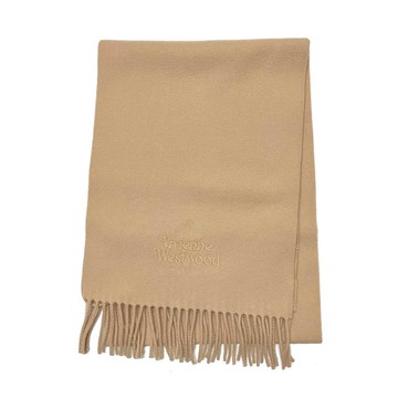 Vivienne Westwood 經典土星刺繡LOGO羊毛流蘇圍巾 奶茶色 81030007-W001Z-C401