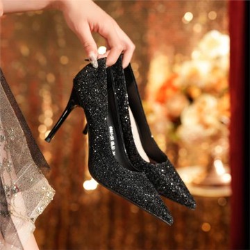 高級氣質格利特亮片黑色高跟鞋禮服宴會百搭細跟通勤搭配夏季性感