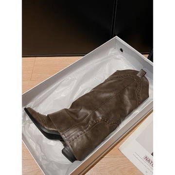 大筒圍褲管靴女尖頭V口棕色長靴鉚釘真皮長筒騎士西部牛仔靴子