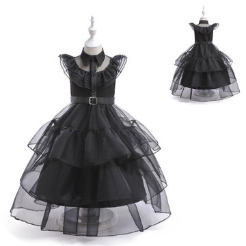 歐美亞當斯一家女主同款女童禮服黑色紗裙子六一表演禮服連衣裙女