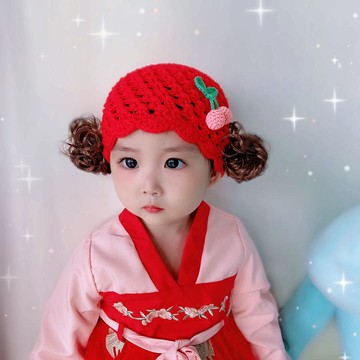 女寶寶假發帽子嬰兒春秋新款可愛公主帽子手工編織寶寶帽純棉韓版