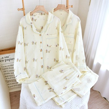 ParrotFashion日系純棉睡衣女春夏季長袖長褲甜美卡通可愛雙層紗布家居服套裝