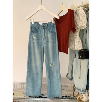 破洞薄款牛仔褲女秋季2025年新款高腰直筒闊腿褲寬松百搭拖地長褲