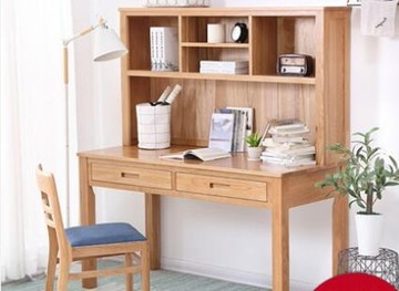 原始原素全實木書桌帶書架現代簡約書房家具橡木電腦桌家用寫字臺NKS歐歐流行館