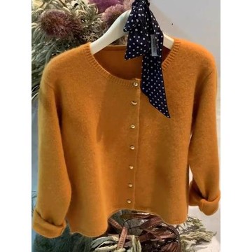 南瓜橘色浣熊絨針織開衫女秋冬季慵懶寬松軟糯毛衣外套小香風上衣