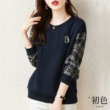 初色  寬鬆圓領格紋拼接刺繡休閒T恤上衣-藏青色-64395(M-2XL可選)