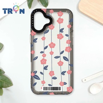 TRON IPhone 16 PLUS 條紋透明小花C款 防摔太空載具殼 透黑 軟硬 手機殼