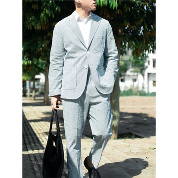意式休閑純棉泡泡紗西服外套 男士修身西裝seersucker 復古夾克