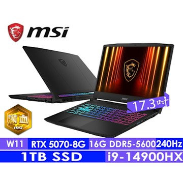 MSI微星 Katana 17 HX B14WGK-037TW 17.3吋電競筆電(i9-14900HX/16G/1T SSD/RTX5070-8G/Win11)