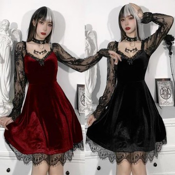 暗黑2022朋克新款性感蕾絲拼接復古連衣裙辣妹萬圣節吸血鬼舞會服