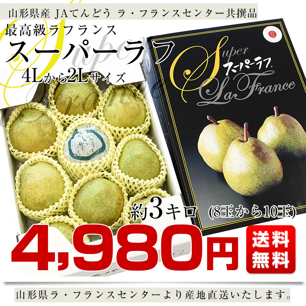 山形県から産地直送 JAてんどう　ラ・フランスセンター共撰品 スーパーラフ 約3キロ 4Lから2Lサイズ(8玉から10玉入り) 送料無料 洋梨 ラフランス ギフト