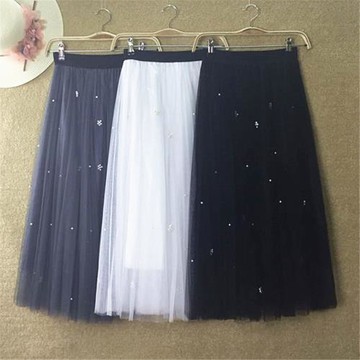 秋季新款韓版重工釘珠網紗裙百褶高腰百搭A字大擺中長款半身裙女
