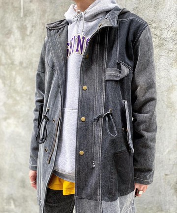 黑色牛仔布denim patchwork Parka