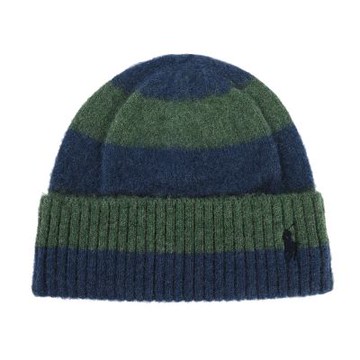 RALPH LAUREN POLO 小馬刺繡LOGO橫條紋羊毛針織帽-海軍藍/綠
