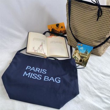 ins風純色字母單肩托特包韓版慵懶風大容量格紋帆布包百搭斜跨包