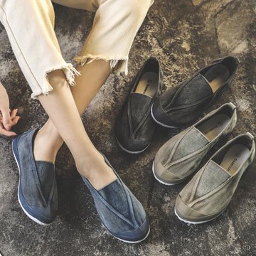 春新款帆布女男鞋一腳蹬懶人鞋日本教育鞋水洗做舊柔軟舒適百搭潮