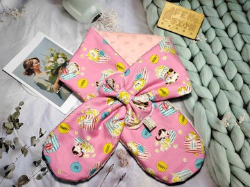 日本絕版棉布粉底爆米花貓咪蝴蝶結圍脖-不分年齡圍脖-短圍巾-