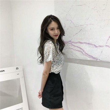 夏季大碼舞臺表演服時尚性感透視上衣BLING閃閃亮片氣質短袖T恤女