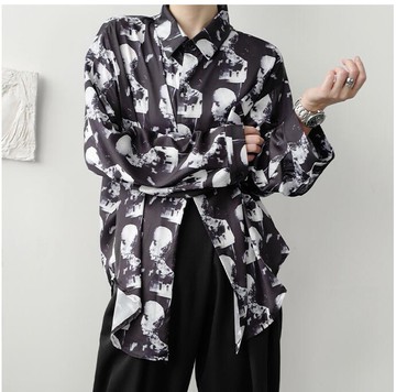 FINDSENSE X  男士 薄款 長袖寬松休閑骷髏印花襯衫