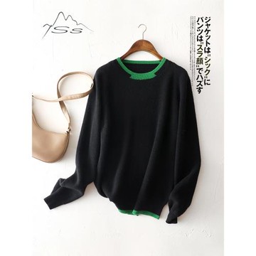 溫柔綠色格調~羊絨衫女圓領薄款100純山羊絨修身拼色打底針織毛衣