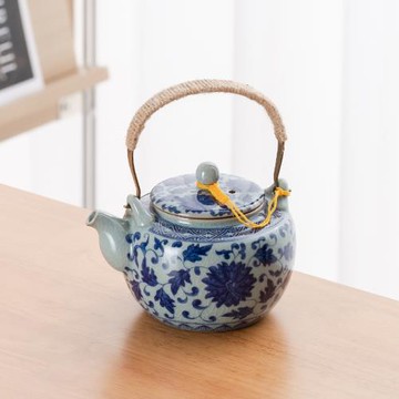 復古老陶泥青花瓷大容量提梁壺茶壺帶過濾冰裂紋仿古泡茶水壺家用