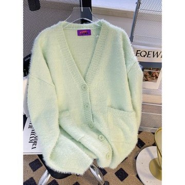 CSVQ薄荷奶綠仿水貂毛V領多色開衫毛衣女軟糯慵懶風針織秋冬外套