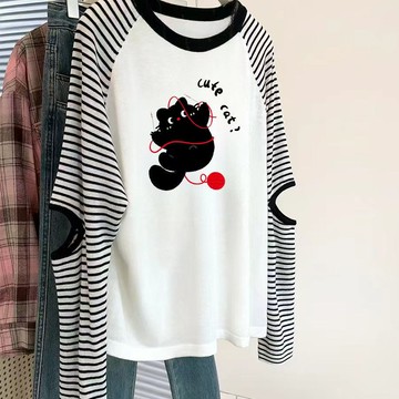 衣時尚 大碼上衣 長袖T卹 印花T卹 T恤衫中大尺碼 M-4XL新款撞色插肩條紋鏤空長袖打底衫設計上衣-7209.