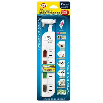 WeiTien 威電 過載斷電4開4座電源線組 2孔 CK2442  4.5m  白色  1個