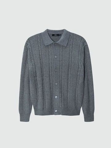 Cable Button-up Collar Cardigan [Charcoal]