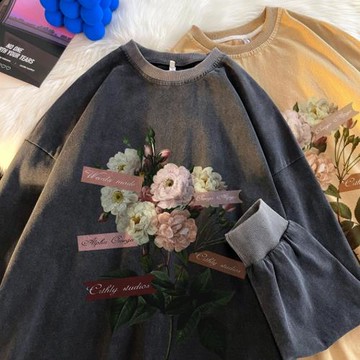 水洗做舊長袖t恤男春秋新款潮流印花衣服美式寬松上衣男士打底衫