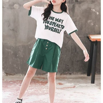 Healthy baby 女童中大童斷碼夏季洋氣套頭短袖女孩全套新款兩件套條紋套裝短袖套裝女童套裝兒童體重兩件套裝夏季套