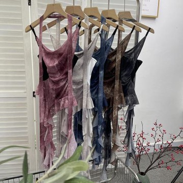 小眾蕩領暈染印花荷葉邊飄帶無袖網紗吊帶衫 不規則拼接上衣背心