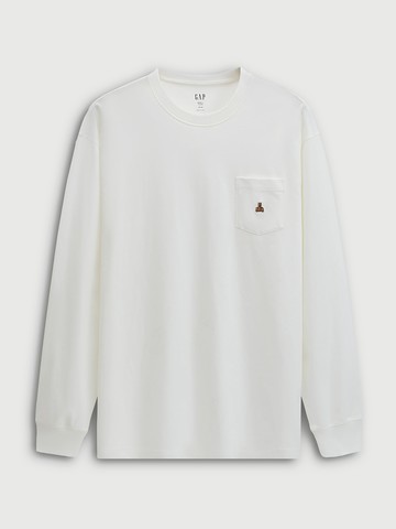 男裝 純棉小熊刺繡圓領長袖上衣-白色