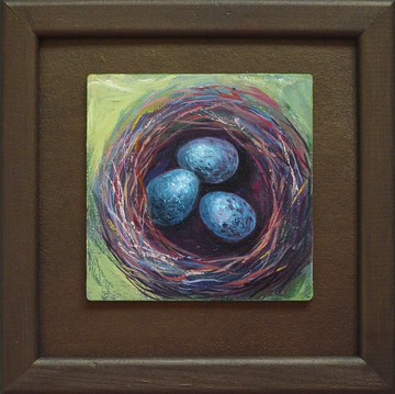 原創油畫藍色鳥蛋18x18cm燕窩畫