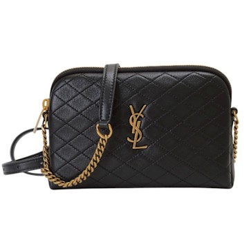 YSL  GABY金屬LOGO菱格紋絎縫小羊皮斜背包(黑)