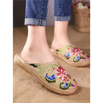 復古中國風老北京布鞋刺繡防滑舒適平跟情侶包頭亞麻透氣女拖鞋