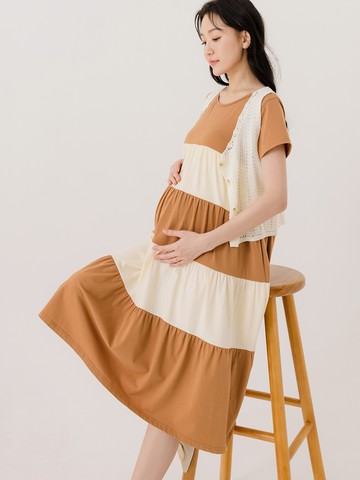 棉質撞色拼接荷葉蛋糕洋裝-親子款(女)