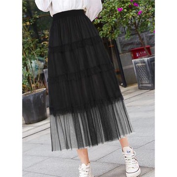 巨好看荷葉邊浪漫半身裙中長款塔裙木耳邊蛋糕網紗裙 A字高腰顯瘦