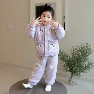 【中小女童】保暖加厚珊瑚絨卡通睡衣套裝