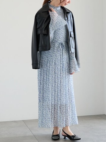 宮本茉由著用款-碎花圖案荷葉邊高領百褶洋裝(0F000668810) - Te chichi