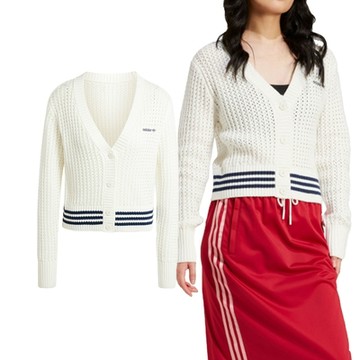 Adidas Cardigan 女款 白色 運動 休閒 短版 紐扣開襟 V領 復古 針織 外套 IX1049